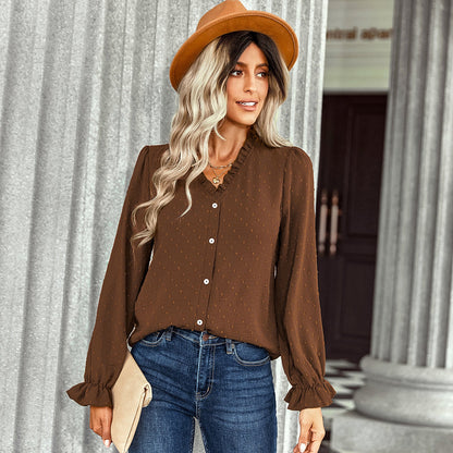 YESFASHION V-neck Shirts Women Fashion Casual Polka Dot Shirts