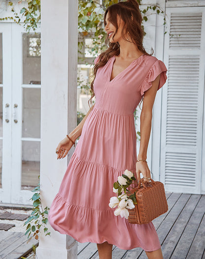 YESFASHION V-neck Sexy Flying Sleeve Solid Color Dress