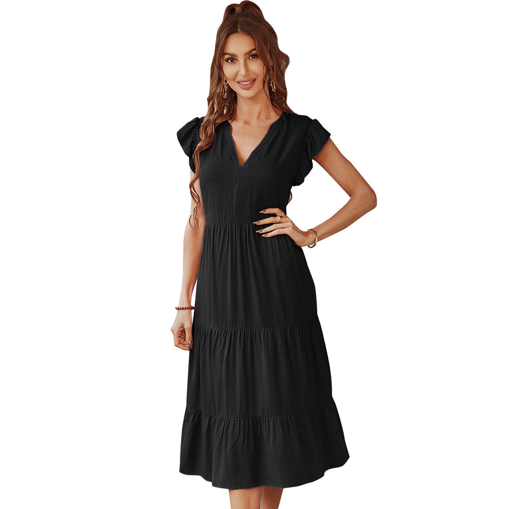 YESFASHION V-neck Sexy Flying Sleeve Solid Color Dress