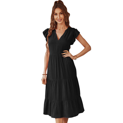 YESFASHION V-neck Sexy Flying Sleeve Solid Color Dress