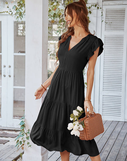 YESFASHION V-neck Sexy Flying Sleeve Solid Color Dress