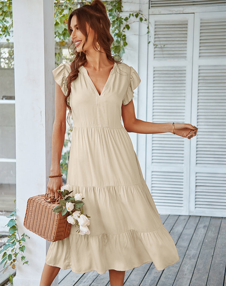 YESFASHION V-neck Sexy Flying Sleeve Solid Color Dress