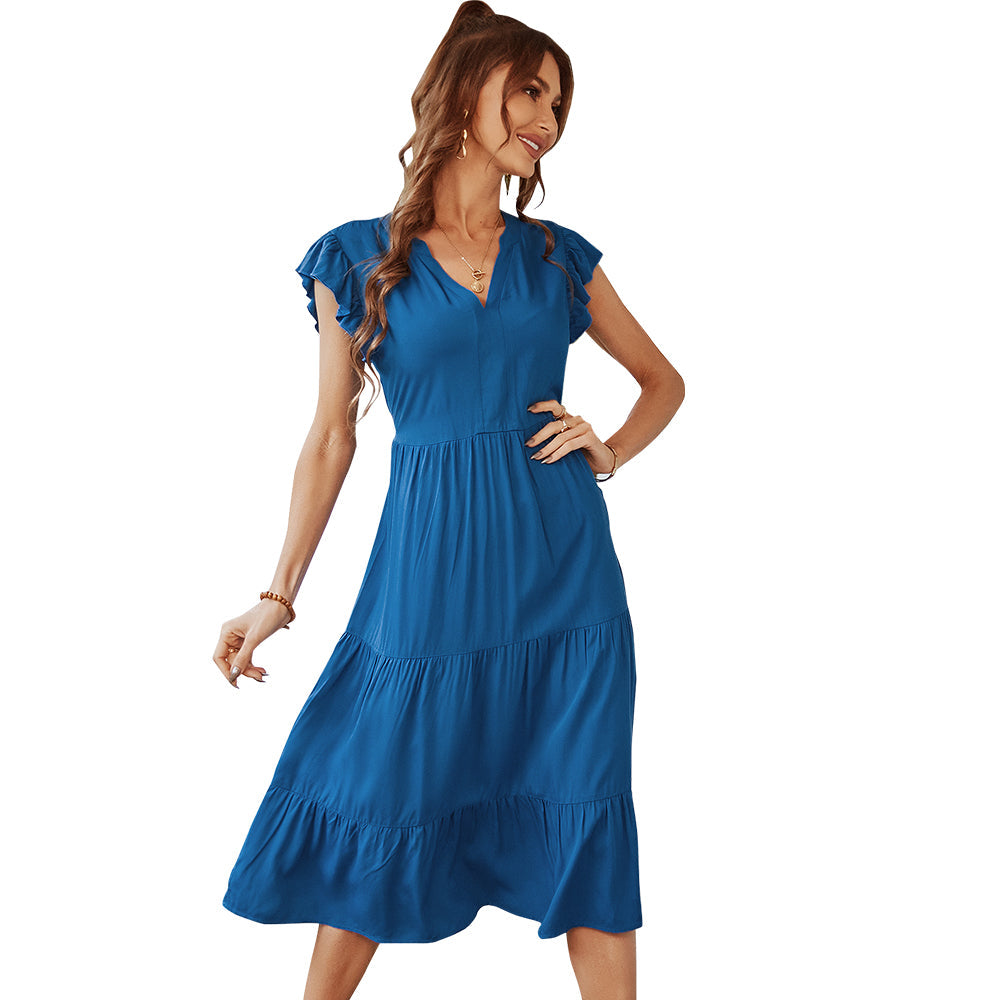 YESFASHION V-neck Sexy Flying Sleeve Solid Color Dress