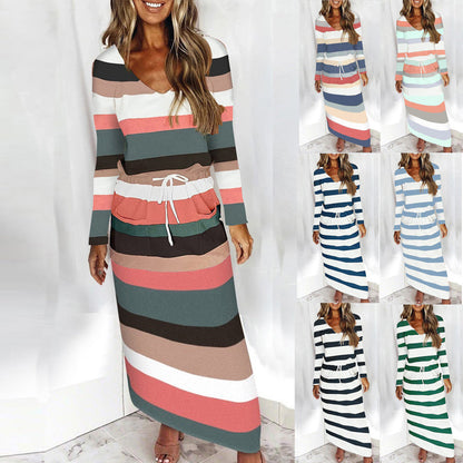YESFASHION Women V-neck Loose Printed Striped Long-sleeved Dress