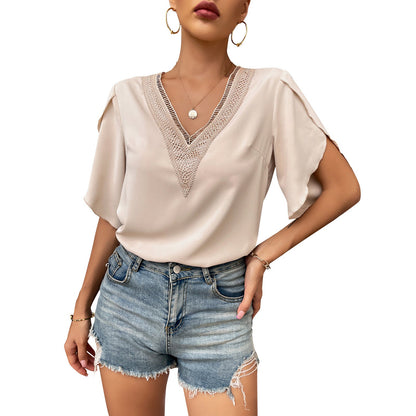 YESFASHION Cross-border Popular Lace Tops V-neck T-shirt