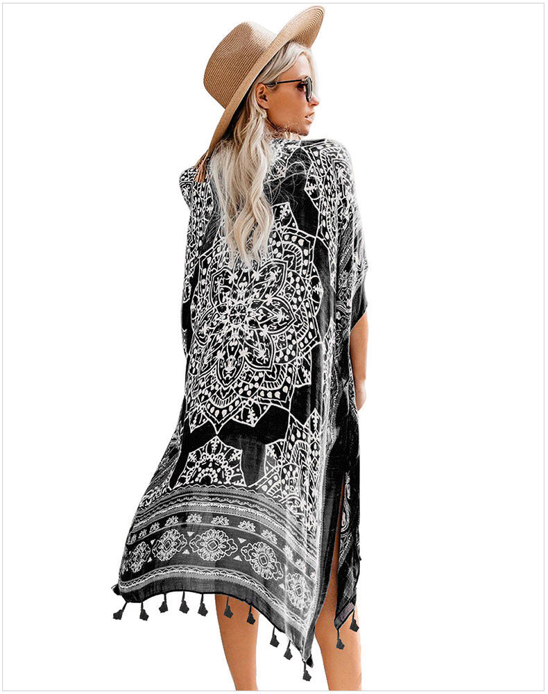 YESFASHION Seaside Holiday Print Fringed Blouse Cardigan Jacket