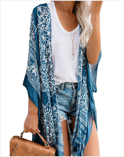 YESFASHION Seaside Holiday Print Fringed Blouse Cardigan Jacket