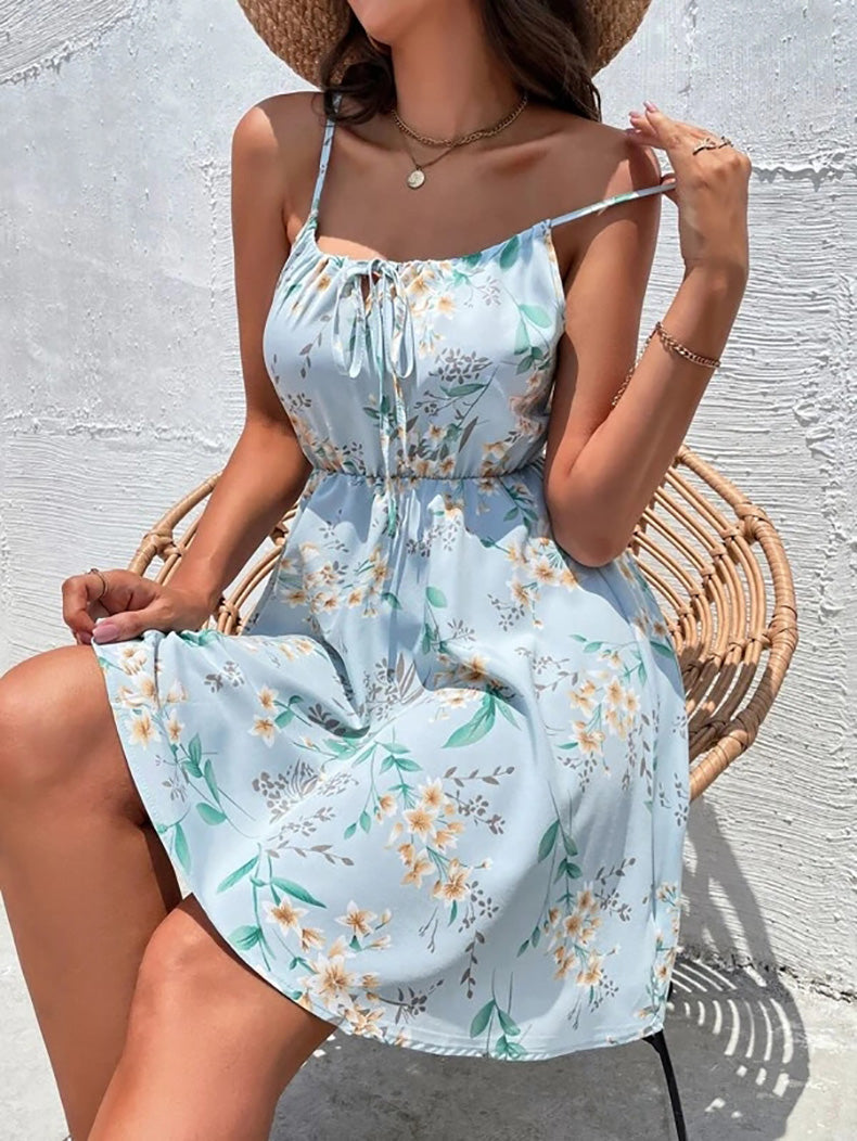 YESFASHION Pullover Print Elastic Waist Sling Short Skirt Women Dress