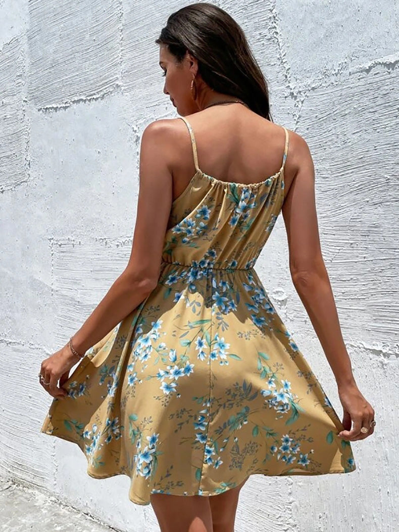 YESFASHION Pullover Print Elastic Waist Sling Short Skirt Women Dress