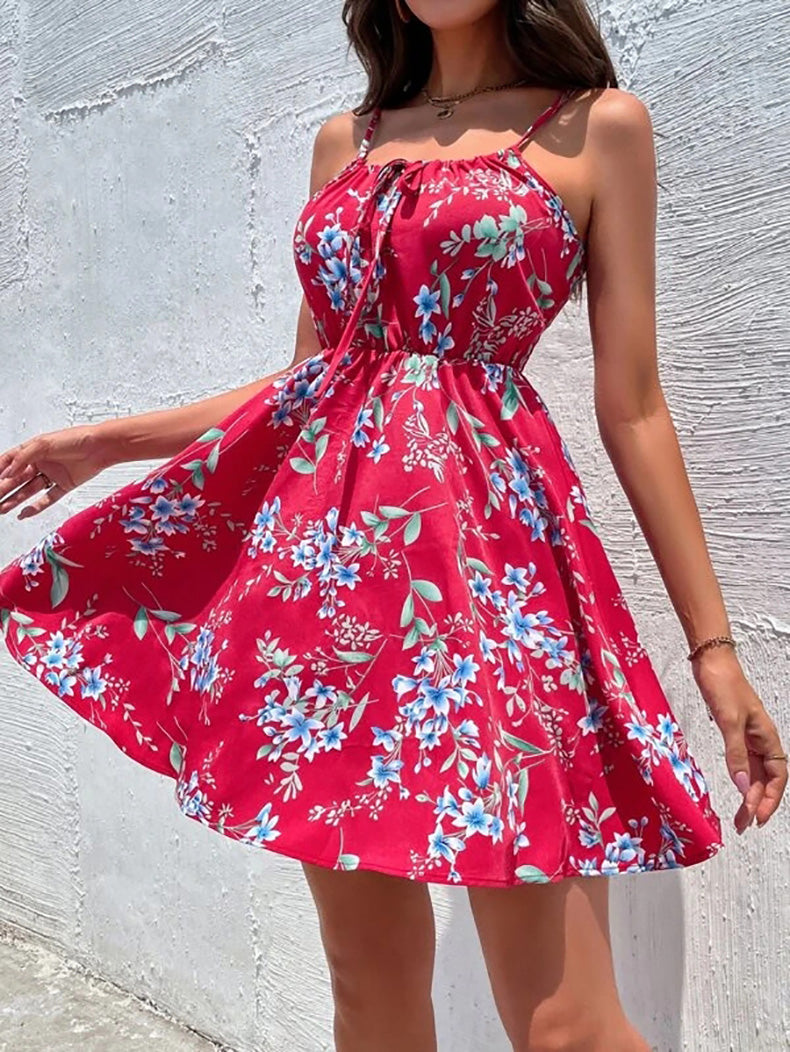 YESFASHION Pullover Print Elastic Waist Sling Short Skirt Women Dress