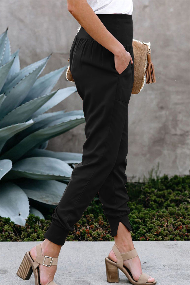 YESFASHION Solid Color Women High Waist Pants Slit Casual Pants