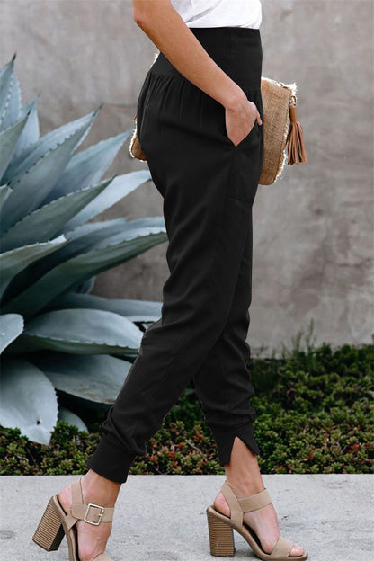 YESFASHION Solid Color Women High Waist Pants Slit Casual Pants