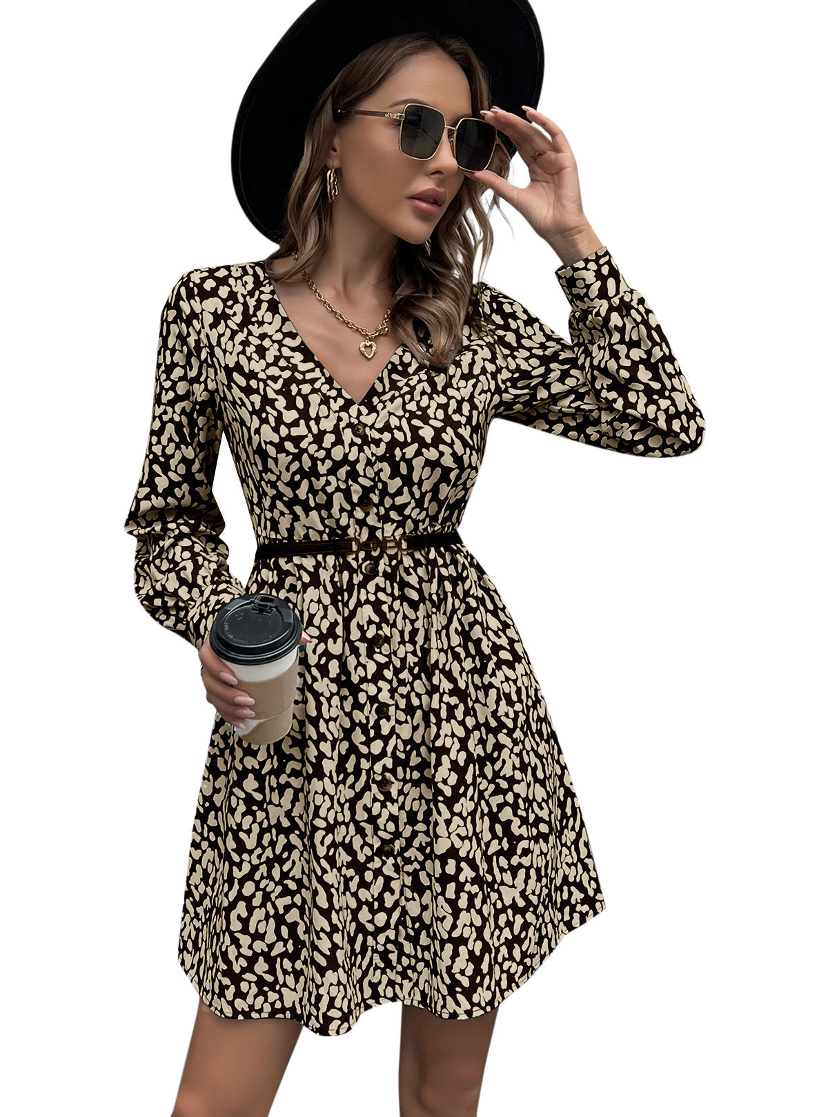 YESFASHION Print Sexy Deep V-neck Decorative Button Dress