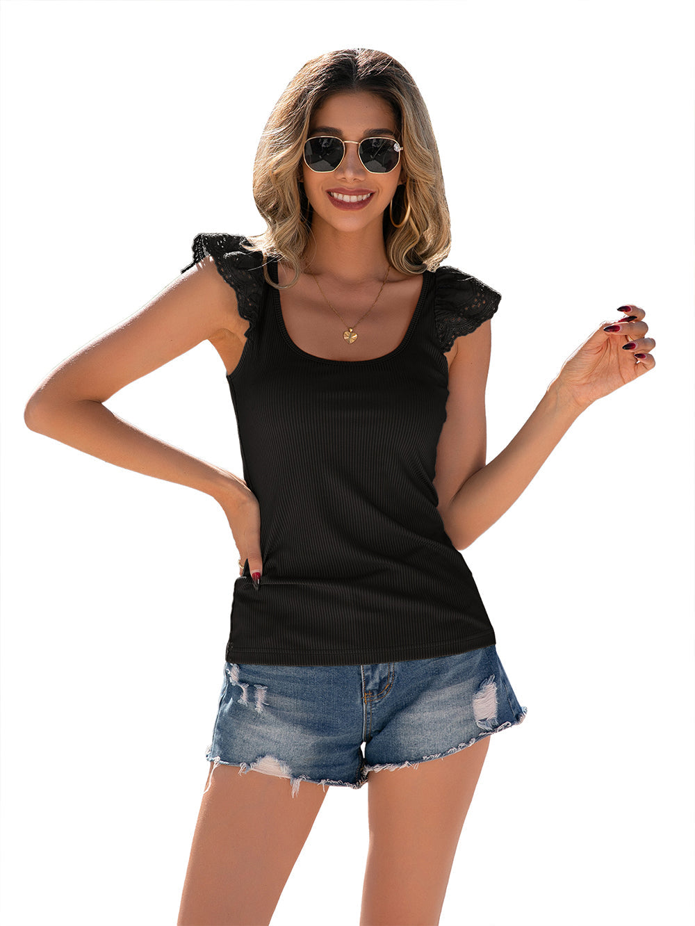 YESFASHION Stitching U-neck Pullover Sleeveless T-shirt Tops