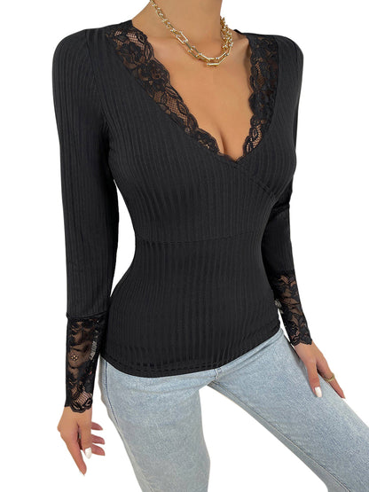 YESFASHION Comfortable Casual Lace V-neck Long-sleeved Lace Slim Tops