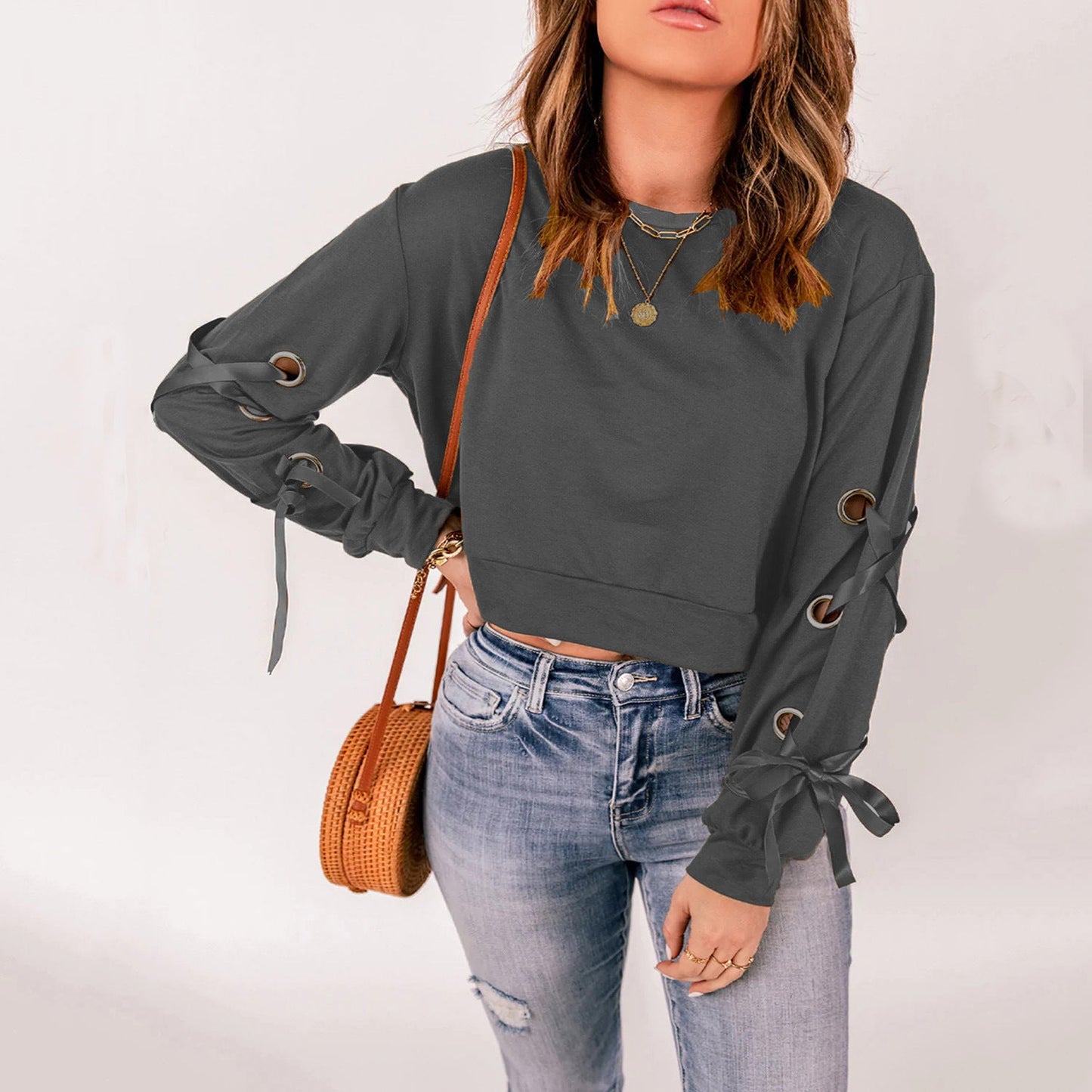 YESFASHION Women Solid Color Pullover Sweaters Casual T-shirt