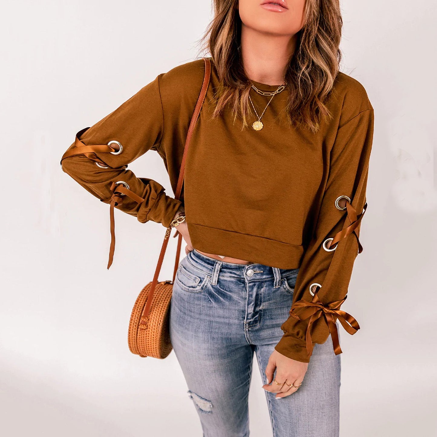 YESFASHION Women Solid Color Pullover Sweaters Casual T-shirt