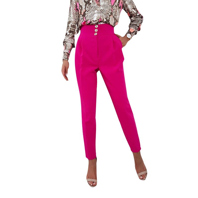 YESFASHION Solid Color Slim Fitting Pants Button Pants