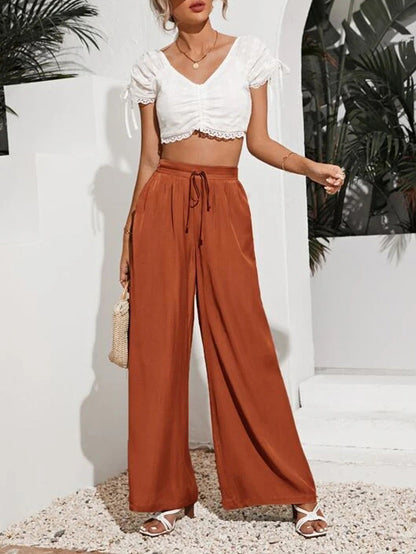 YESFASHION Women High Waist Tie Loose Wide Leg Pants PBY-0YEN