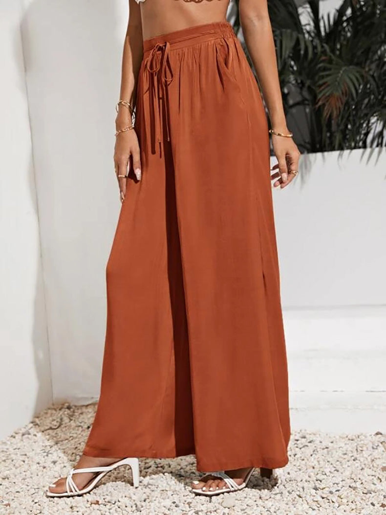 YESFASHION Women High Waist Tie Loose Wide Leg Pants PBY-0YEN