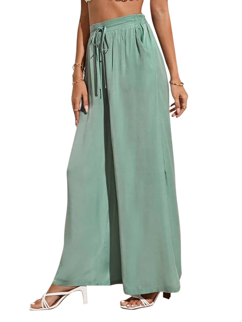 YESFASHION Women High Waist Tie Loose Wide Leg Pants PBY-0YEN