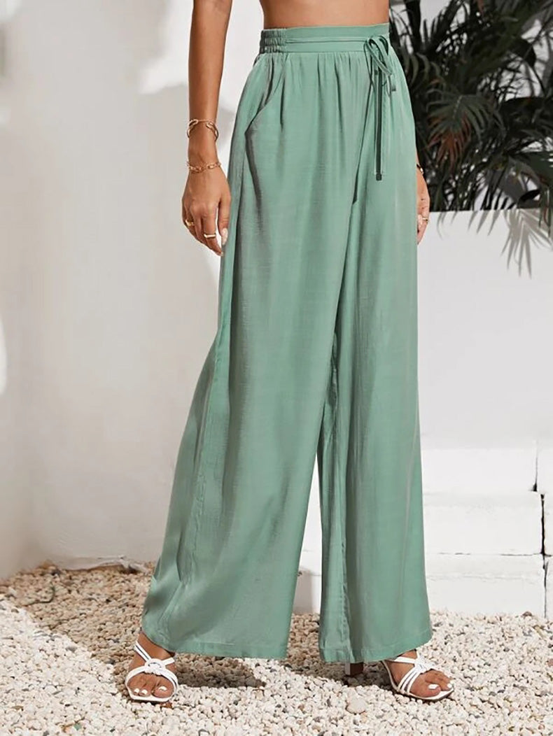YESFASHION Women High Waist Tie Loose Wide Leg Pants PBY-0YEN