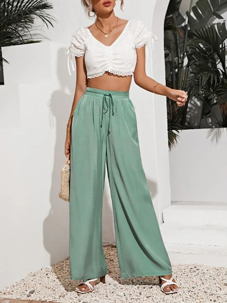 YESFASHION Women High Waist Tie Loose Wide Leg Pants PBY-0YEN