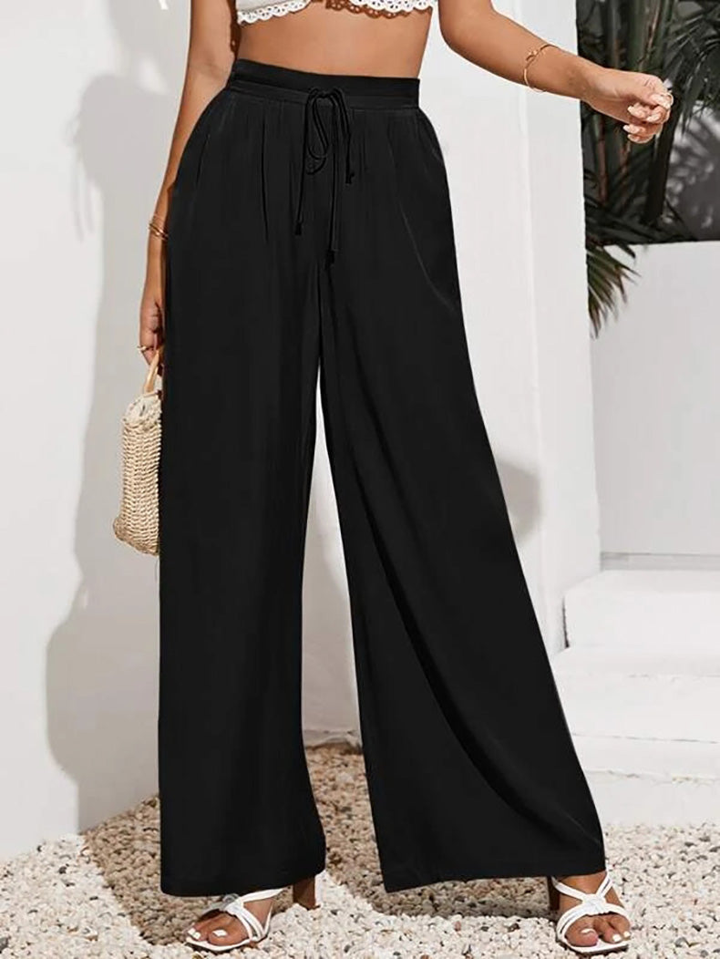 YESFASHION Women High Waist Tie Loose Wide Leg Pants PBY-0YEN