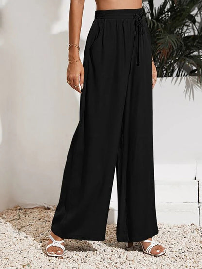 YESFASHION Women High Waist Tie Loose Wide Leg Pants PBY-0YEN