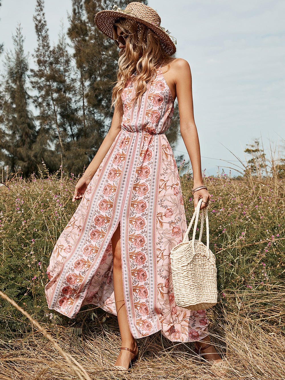 YESFASHION Women Sexy Backless Mid-length Pink Lace-up Suspender Dress