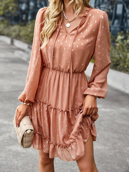 V-neck Sexy Waist Dress Autumn Winter Long-sleeved A-line Skirt Women