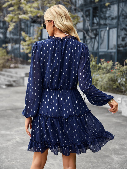 V-neck Sexy Waist Dress Autumn Winter Long-sleeved A-line Skirt Women