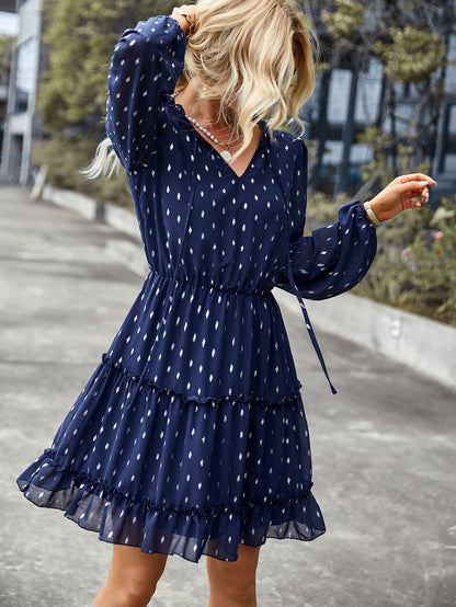 V-neck Sexy Waist Dress Autumn Winter Long-sleeved A-line Skirt Women