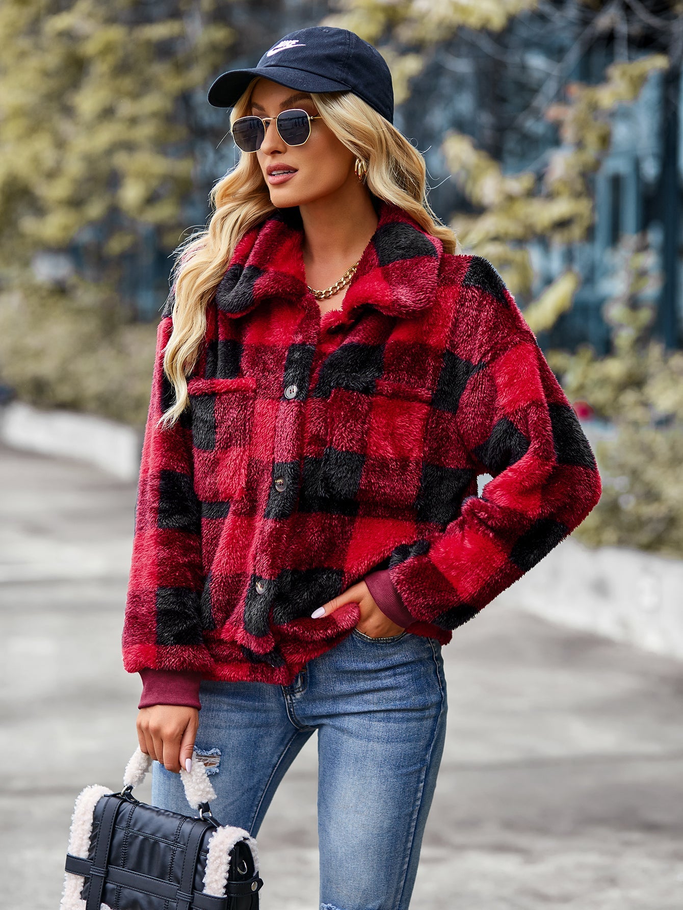 YESFASHION Research And Development Design Coats Plaid Fleece Jacket