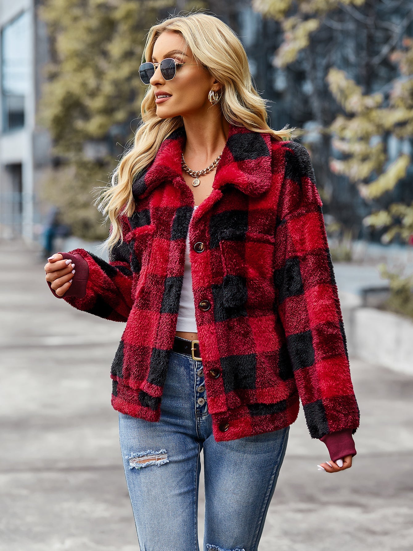 YESFASHION Research And Development Design Coats Plaid Fleece Jacket