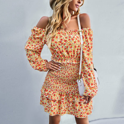 YESFASHION Casual Dress One-shoulder Printed Skirt