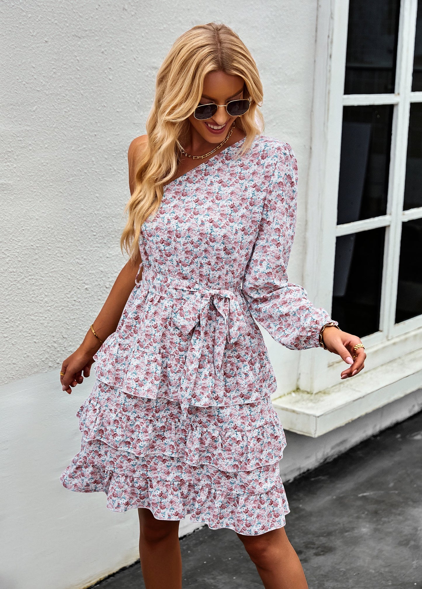 YESFASHION Slanted Shoulder Dress 2022 Floral Cake Short Skirt Women