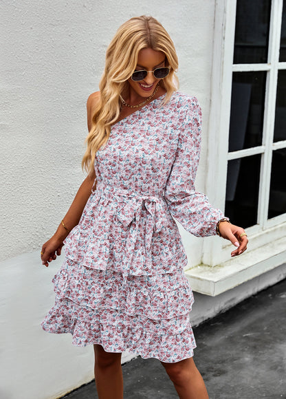 YESFASHION Slanted Shoulder Dress 2022 Floral Cake Short Skirt Women