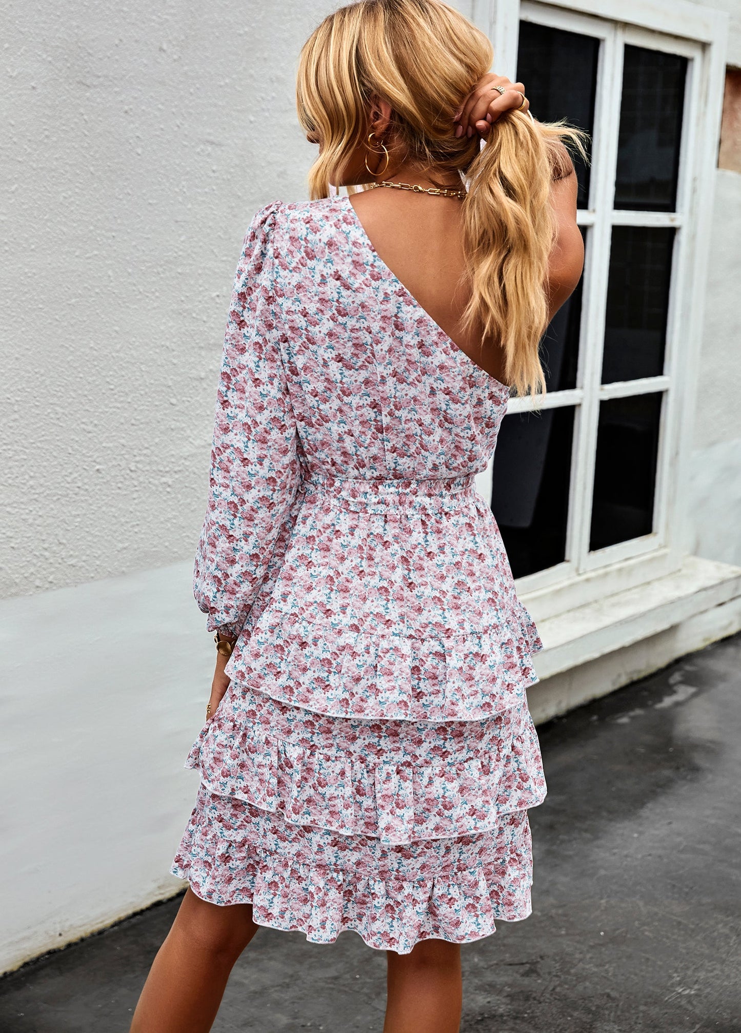 YESFASHION Slanted Shoulder Dress 2022 Floral Cake Short Skirt Women