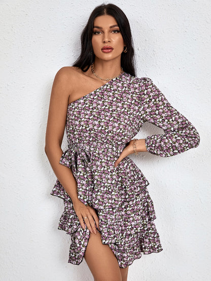 YESFASHION Slanted Shoulder Dress 2022 Floral Cake Short Skirt Women