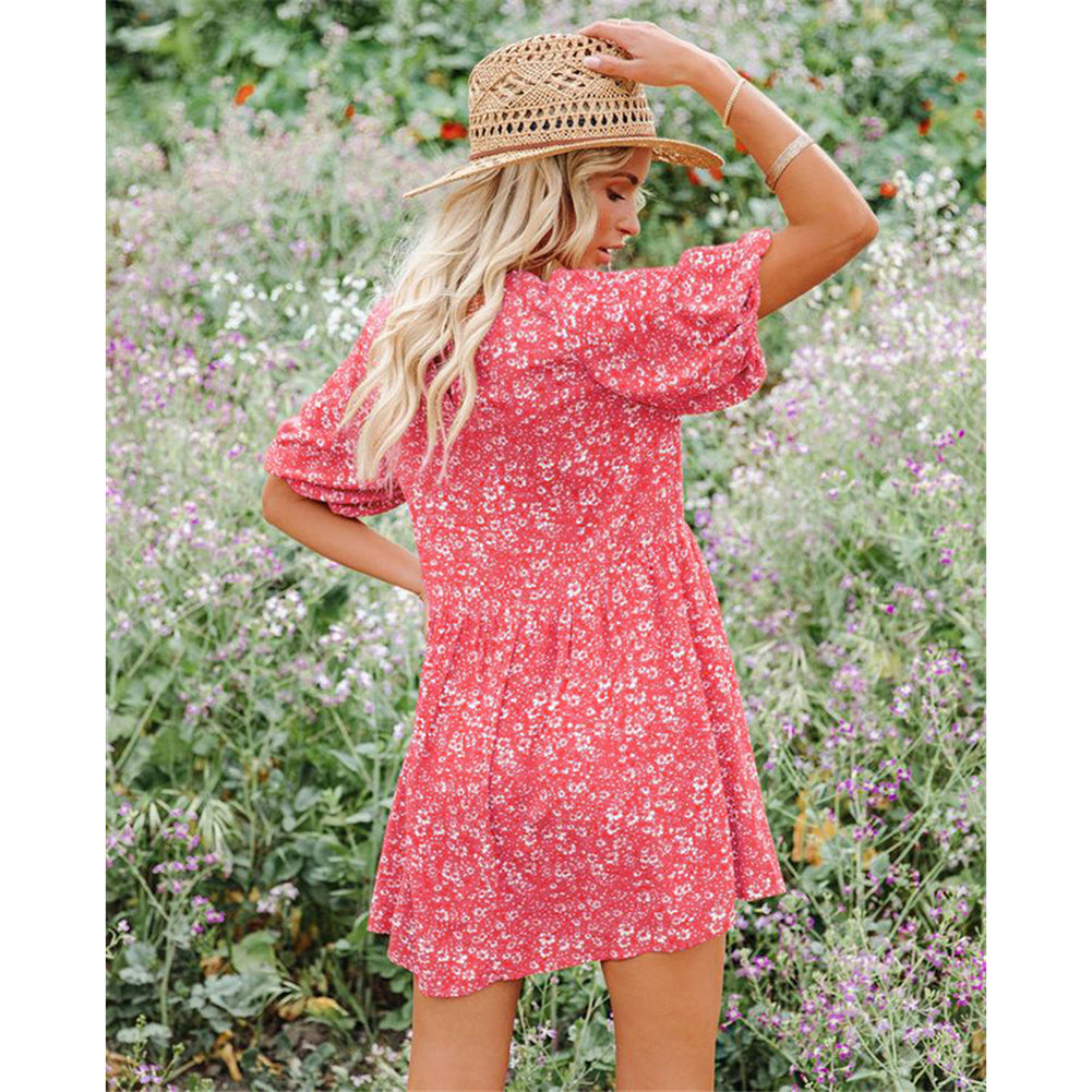 YESFASHION Floral Lantern Sleeves Casual Women Dress
