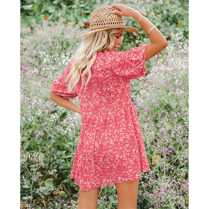 YESFASHION Floral Lantern Sleeves Casual Women Dress