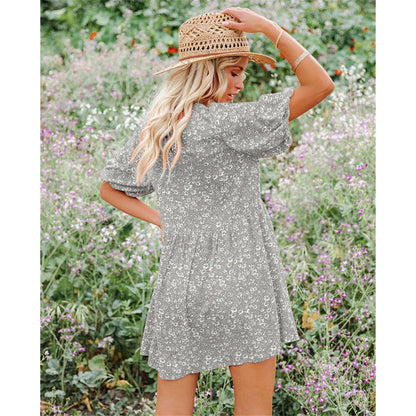 YESFASHION Floral Lantern Sleeves Casual Women Dress