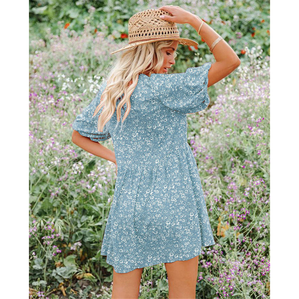 YESFASHION Floral Lantern Sleeves Casual Women Dress