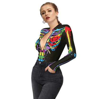 YESFASHION Halloween Skeleton Bodysuit Dress Up Zip Tops
