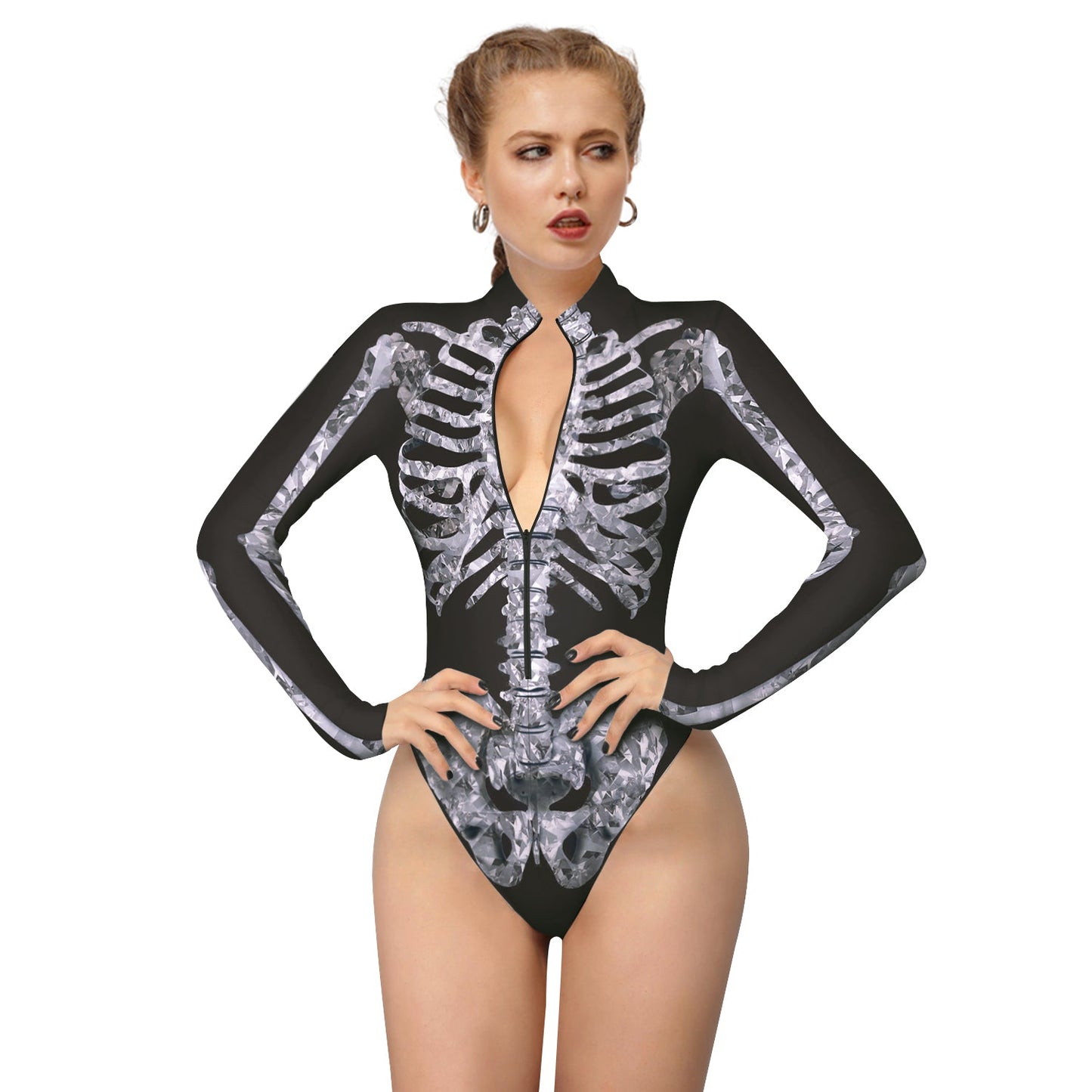 Halloween Skull Digital Print Ladies Zip Tight Long Sleeve Jumpsuit Leggings Button Open