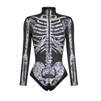 Halloween Skull Digital Print Ladies Zip Tight Long Sleeve Jumpsuit Leggings Button Open