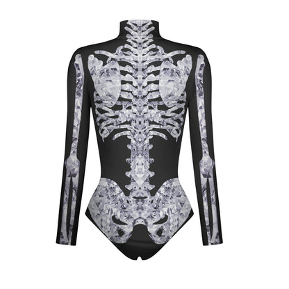 Halloween Skull Digital Print Ladies Zip Tight Long Sleeve Jumpsuit Leggings Button Open