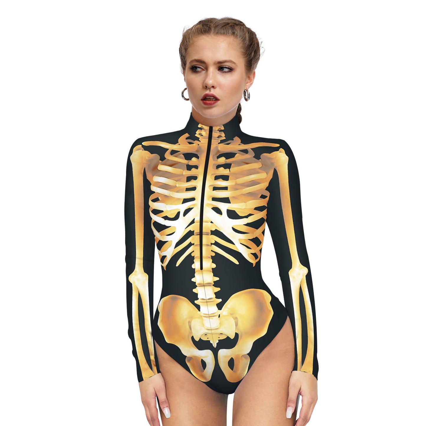 Halloween Skull Digital Print Ladies Zip Tight Long Sleeve Jumpsuit Leggings Button Open