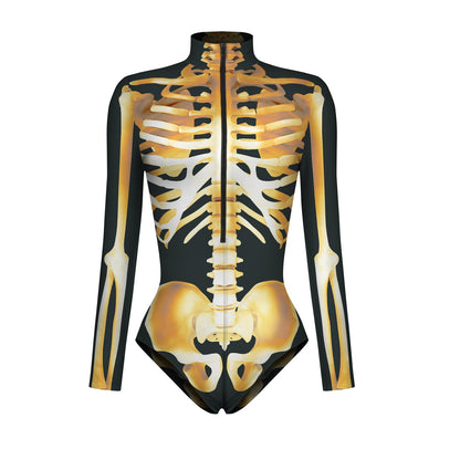 Halloween Skull Digital Print Ladies Zip Tight Long Sleeve Jumpsuit Leggings Button Open
